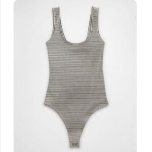 AE Scoop Neck Bodysuit Stripes Ribbed Washed Black/Cream XS